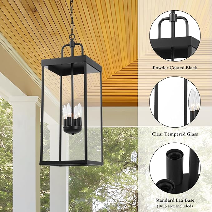 Large Outdoor Pendant Lantern Light Fixture for Front Porch, 28 Inch 4-Light Black Exterior Hanging Chandelier with Clear Glass, Outdoor Indoor Pendant Lamp for Patio, Gazebo, Entryway, Doorway