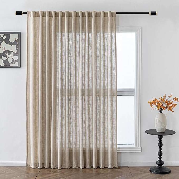 MYSKY HOME Boho Curtains Farmhouse Living Room Curtain Drapes, Light Filtering Semi Soft Cotton Blend Sheer Window Treatments for Sliding Glass Door Doorways, 100" x 90", Light Oatmeal, Set of 1