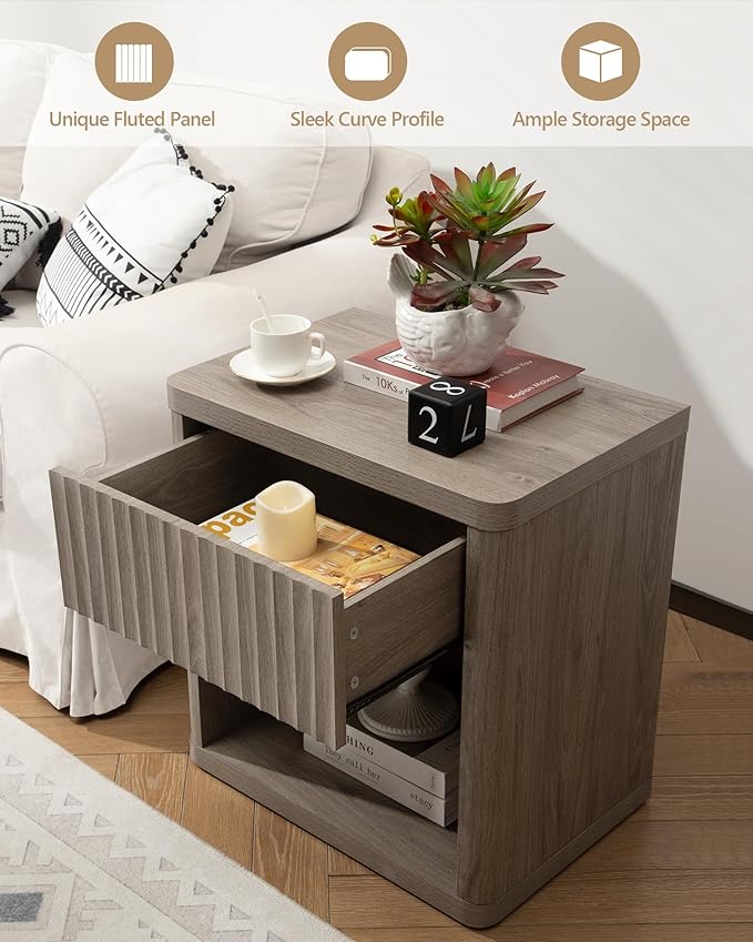 SICOTAS Large Nightstand with Drawer Storage - Grey Alder