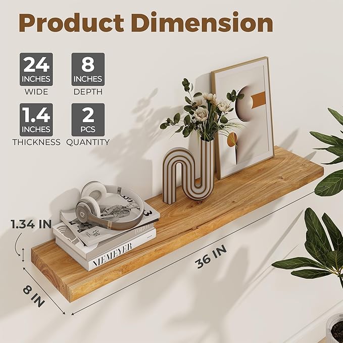 Axeman 36 inch Floating Shelves for Wall - 8'' D Live Edge Rustic Solid Elm Wood Floating Shelves Wall Mounted, Wall Shelves with Invisible Bracket for Living Room Bedroom Kitchen, Set of 2 Natural