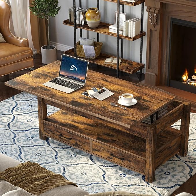 Rolanstar Coffee Table, Lift Top Coffee Table with Drawers and Hidden Compartment, Retro Central Table with Wooden Lift Tabletop, for Living Room,Rustic Brown