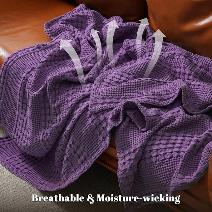PHF 100% Cotton Waffle Weave Throw Blanket, Soft Lightweight Breathable Cozy Summer Throws for Couch Bed Sofa, Luxury Aesthetic Woven Blanket for Home Decor & Office, 50"x60", Grape