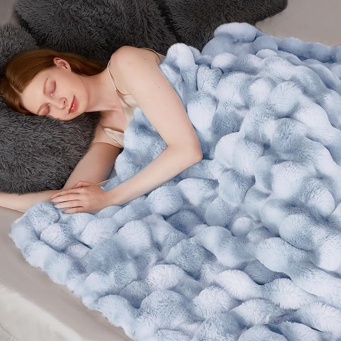 Touchat Luxury 1000GSM Faux Rabbit Fur Throw Blanket, Super Heavy Warm Cozy Grey Blankets for Couch Bed Sofa, Ruched Plush Fuzzy Elegant Soft Reversible Mink Blanket for Living Room Bedroom, Blue