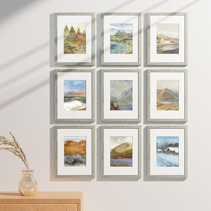 Vittanly 9x12 Picture Frames Set of 9, Shatter Resistant Plexiglass, Display 6x8 Pictures with Mat or 9x12 without Mat, Photo Frames for Wall or Tabletop, Engineered Wood, Grey