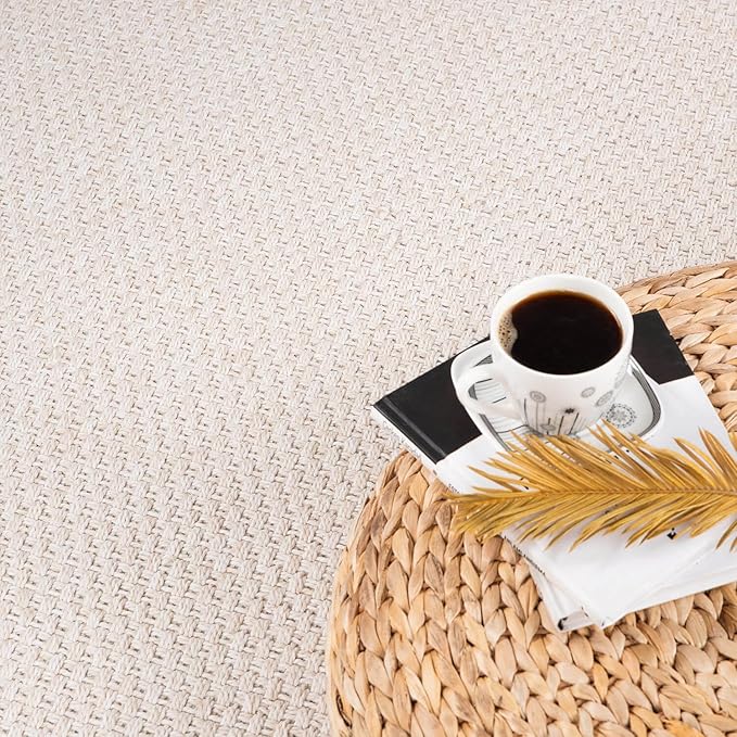 CAMILSON Indoor and Outdoor Runner Rug Off-White Solid Woven Design Easy-Cleaning Non Shedding Farmhouse Living Room Bedroom Garden Patio and Kitchen Washable Outside Carpet Alfombras (2x7)