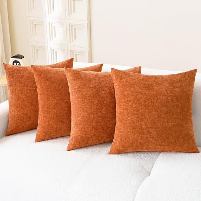 CaliTime Fall Throw Pillow Covers Decorative 18 X 18 Inches Pack of 4 Cozy Chenille Cushion Cases for Couch Sofa Bed Living Room Home Burnt Orange