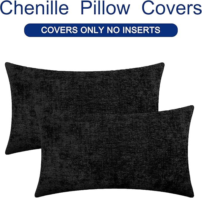 CaliTime Throw Pillow Covers Decorative 12 X 20 Inches Pack of 2 Cozy Chenille Cushion Cases for Couch Sofa Bed Living Room Home Black