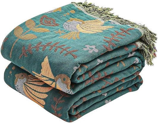 Boho Throw Blanket, 100% Cotton Ultra Soft Luxury Throw Rustic Quilt, 90"x98" Floral Printed Farmhouse Decor Bed Summer Blankets, All Season Rustic Reversible Bohemian Throw for Bed - Blue