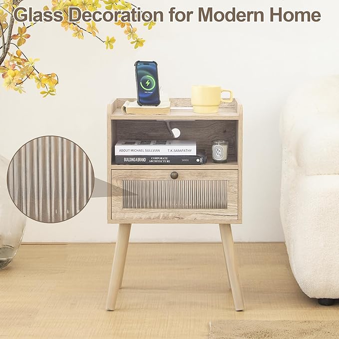 AWASEN Nightstand with Charging Station, Modern Bedside Table with Glass Decorative Drawer, Charging Night Stand Side Tables for Bedroom and Small Space, Rustic White Oak