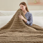 Chunky Knit Throw Blanket, 30''*40'' Knitted Throw Chenille Yarn for Bed Couch, Handmade Light Brown Crochet Big Thick Blanket, Machine Washable Cute Comfy Blanket for Home Decor