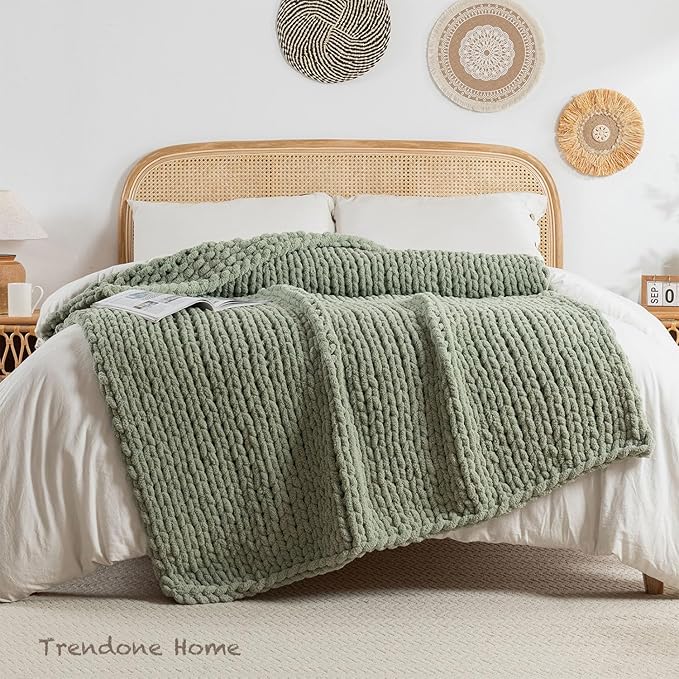 Chunky Knit Blanket Throw, 100% Hand Knit Throw Blanket Handmade Chenille Cable Knit Throw for Couch, Stylish Cozy Soft Rope Knot Crochet Blanket for Home Decor, Sage Green, 50x60 Inches