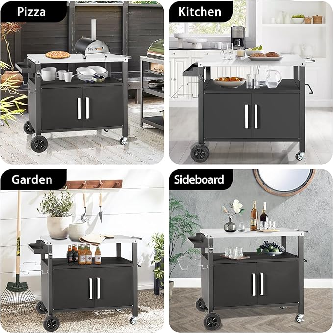 Grill Cart Table with Big Storage Cabinet, Movable Outdoor Dining Cart Pizza Oven Stand, Kitchen Cart Island Multifunction Food Prep Table Stainless Steel Surface