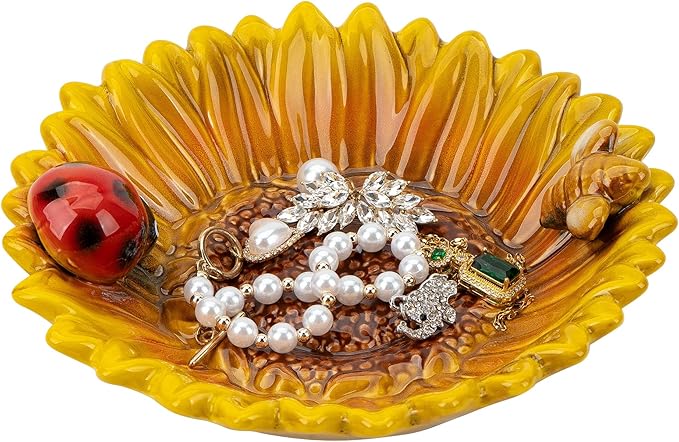 Sunflower Jewelry Dish Trinket Tray Ceramic Key Tray Bowl for Entryway Table, Sunflower Candy Dish Soap Holder Gift Decorative Bowl for Home Decor Kitchen Bathroom Sink (Bee, Ladybug)