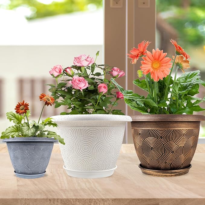 10 Inch Flower Pots Planters for Indoor Outdoor Plants, 3 Pack Plastic Large Plant Pots with Drainage Hole & Tray, Modern Decorative Garden Pot with Saucer, Plant Container for House