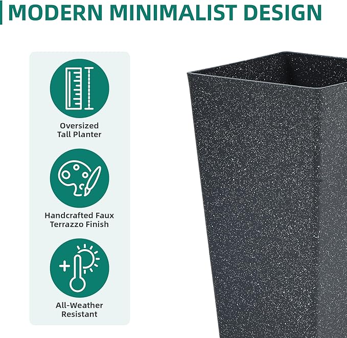 28" Large Tall Square Planters for Outdoor Plants, Set of 2 V-Shaped Planter Box with Black Terrazzo Look, Durable and Weather Resistant, Ideal or Garden, Patio, Porch or Home use.