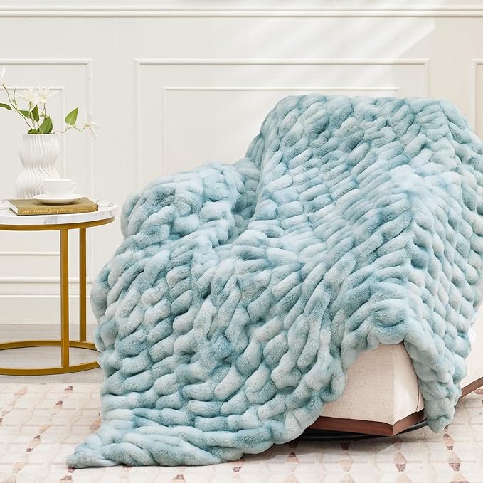 Ultra Soft Luxury Faux Fur Twin Blanket for Counch,Fuzzy Fluffy Plush Warm Cozy Elegant Wrinkled Blanket for Sofa Bedroom Living Room,（60"x80",Tie-dye Freshwater Blue）