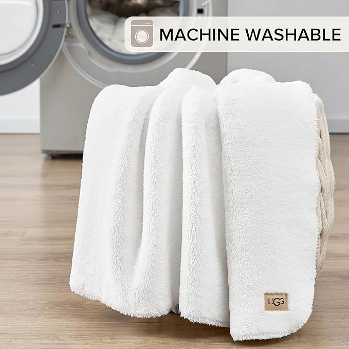 UGG Whitecap Plush Throw Blanket Fleece Lightweight Soft Cozy Throw for Couch or Bed Luxury Home Decor for Living Room Washable Hypoallergenic Blankets for Dorm Decor, 50-inch x 70-inch, White Snow