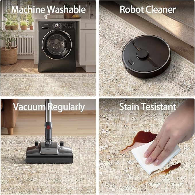 DCX Machine Washable Brown and Beige Area Rug 5x7, Non Slip Stain Resistant Vintage Rug for Living Room Diningroom Bedroom Nursery, Soft Low Pile Large Carpet