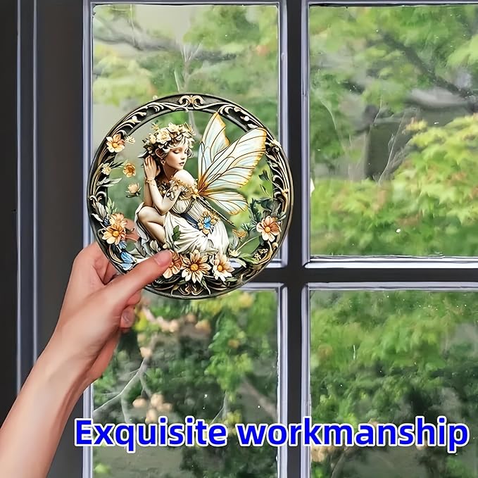 Flower Fairy Garden Decorations Angel Wing Christmas Halloween Deco Statue Art Elf Sculpture Hanging Craft for Outdoor Yard Courtyard Lawn Patio Window Acrylic Ornament Home Gift (A,S: 6*6 IN)