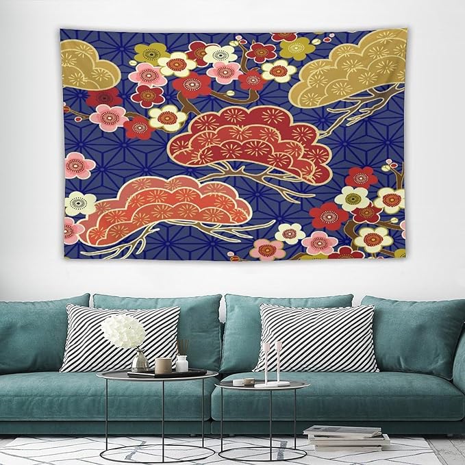 HZOHNAGO Japanese Tapestry Art Abstract Colorful Cherry Blossom Blue Background Pattern Printed Wall Tapestry Painting Wall Hanging for Bedroom Living Room Dorm 90" W x 60" H