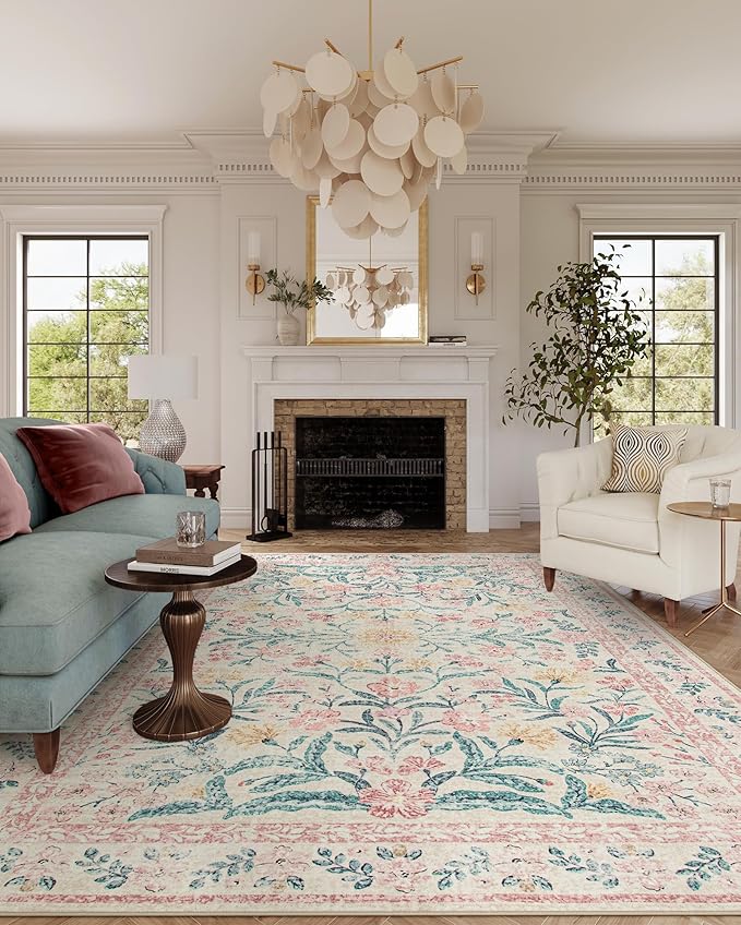 Wonnitar Machine Washable 10x14 Area Rugs, Large Living Room Rug Floral Pink and White Carpet, Boho Soft Ultra-Thin Foldable Carpets for Bedroom Dining Room Office