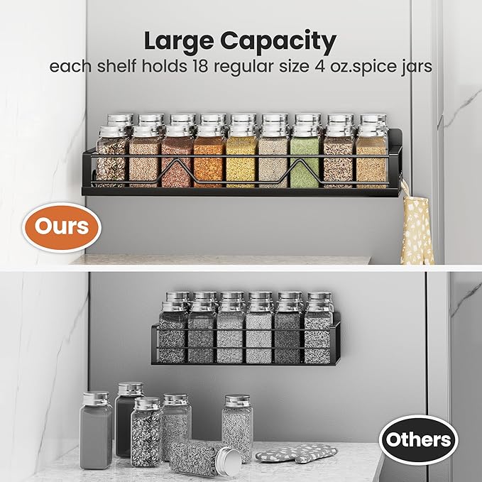 16.9 Inch Wide Large Capacity Magnetic Spice Rack for Refrigerator, 4 Pack Metal Fridge Shelf, Black