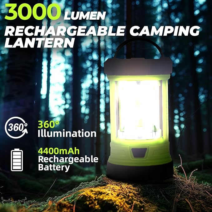 Rechargeable Camping Lantern, 3000LM 5 Light Modes Camping Light 4400 Capacity Phone Charger LED Impact-Resistant Flashlight Lantern Portable Waterproof Hurricane Lanterns for Emergency(Pale Green)