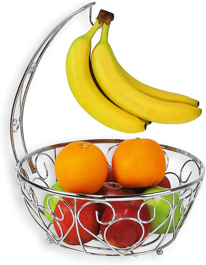 Simple Houseware Fruit Basket Bowl with Banana Tree Hanger, Chrome Finish