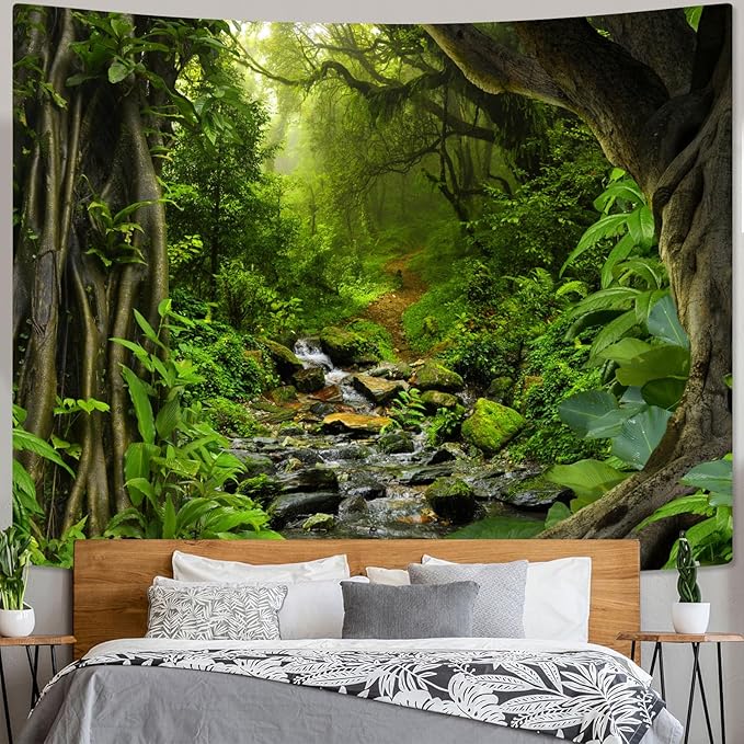 AMM Green Rainforest Tapestry Nature Forest Tapestry for Bedroom Aesthetic Misty Tropical Jungle Trees Flowing Stream Landscape Tapestries Wall Hanging for Living Room Dorm 60 x 44 Inch