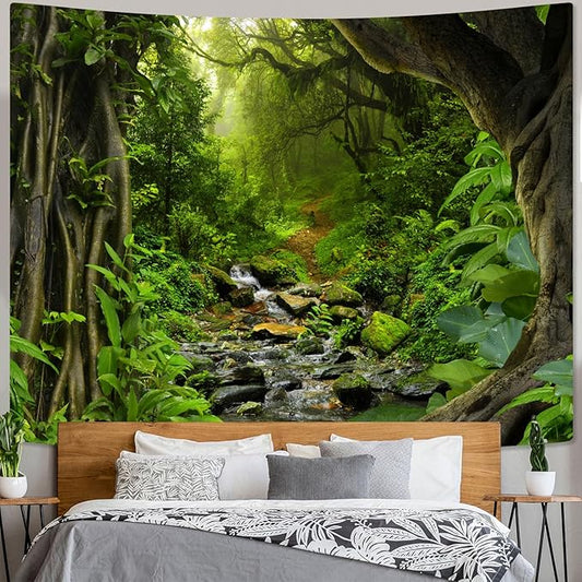 AMM Green Rainforest Tapestry Nature Forest Tapestry for Bedroom Aesthetic Misty Tropical Jungle Trees Flowing Stream Landscape Tapestries Wall Hanging for Living Room Dorm 60 x 44 Inch