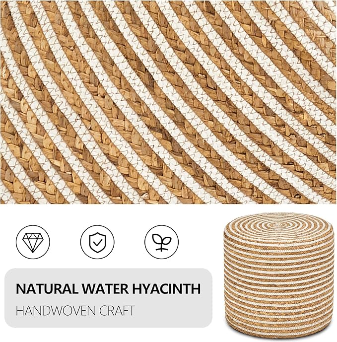 Wimarsbon 18'' Ottoman Pouf, Natural Braided Poof, Rustic Handweave Lounge Pouffe, Boho Footrest Stool for Bedroom, Accent Table or Seat for Living Room (Natural Water Hyacinth + White Cotton Rope)