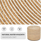 Wimarsbon 18'' Ottoman Pouf, Natural Braided Poof, Rustic Handweave Lounge Pouffe, Boho Footrest Stool for Bedroom, Accent Table or Seat for Living Room (Natural Water Hyacinth + White Cotton Rope)