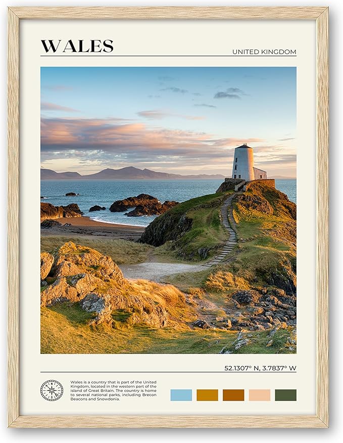 HesenDot Natural OAK Wood Framed Wales Wall Art,12x16in Tŵr Mawr Lighthouse Seascape Canvas Wall Print Posters, Classic Urban Landmark Wall Decor for Living Room, Bedroom, Office Gallery Set of 1