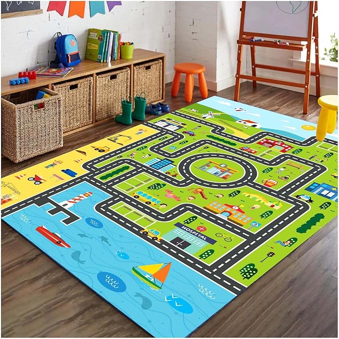 Kids Rug Playroom Car Rug Play Mat City Life Road Rugs Fun City Map for Kids Toy Cars,Carpet for Bedroom Boys (Green-Rug, 2.6x3.9ft)