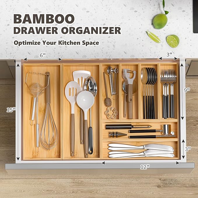 Kitchen Drawer Organizer Bins, Stackable Bamboo Deep Drawer Organizer for Silverware, Utensils, Cutlery, Flatware, Junk Drawer, Dresser, Bathroom, 15" x 6" x 2.5" (Set of 2)