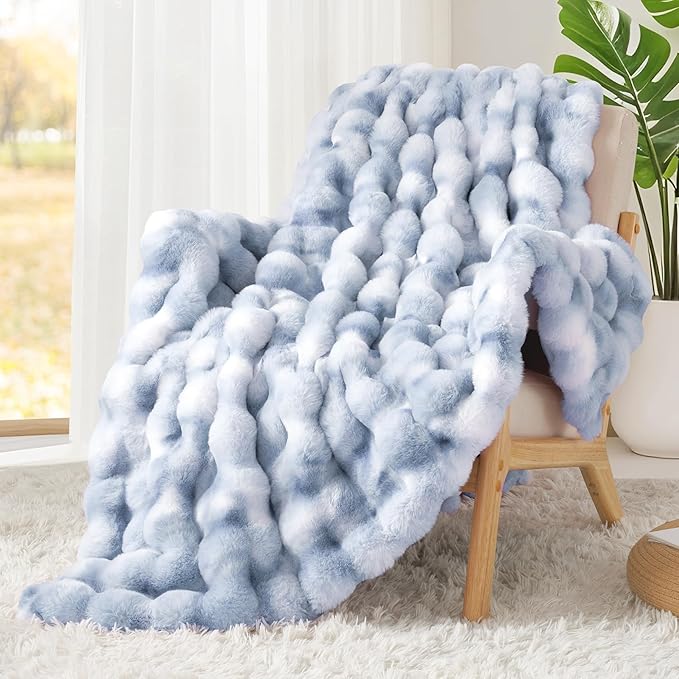 Touchat Luxury 1000GSM Faux Rabbit Fur Throw Blanket, Super Heavy Warm Cozy Grey Blankets for Couch Bed Sofa, Ruched Plush Fuzzy Elegant Soft Reversible Mink Blanket for Living Room Bedroom, Blue