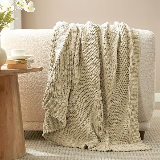 Amélie Home Chenille Knit Throw Blanket for Couch, Chevron Texture Decorative Soft Blanket for Sofa, Bed & Chair, 60"x80", Beige