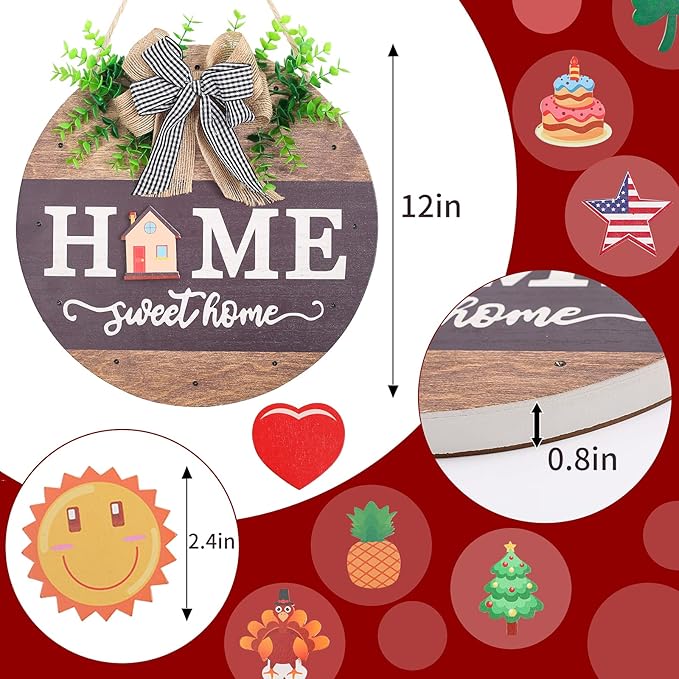 Interchangeable Welcome Sign for Front Door with 14 Changeable Icons, Farmhouse Front Porch Decor Rustic Wooden Wall Sign with 12 LED Lights, Outdoor Seasonal Welcome Home Decorations (Wood home1)