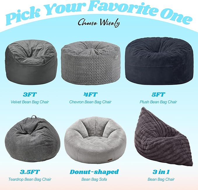 Hobestluk 3 in 1 Bean Bag Chair Giant Bean Bag Chairs for Adults with Ripple Cover Convertible Bean Bag Floor Cushion with Machine Washable Cover for Living Room (Ripple Dark Grey)