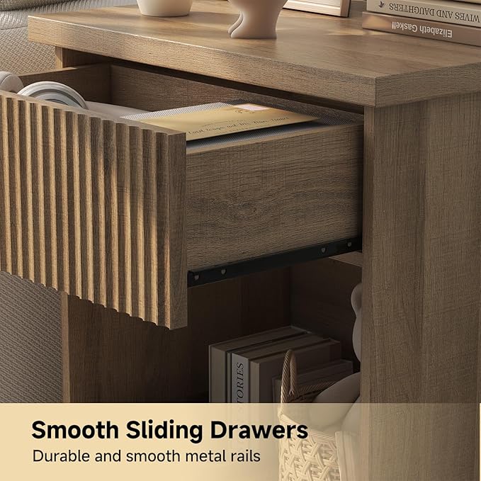 Fluted Nightstand, 22.8" Wide Nightstands with Drawer Storage Large Wood BedsideTable Night Stand for Bedroom Living Room Office, Natural Oak
