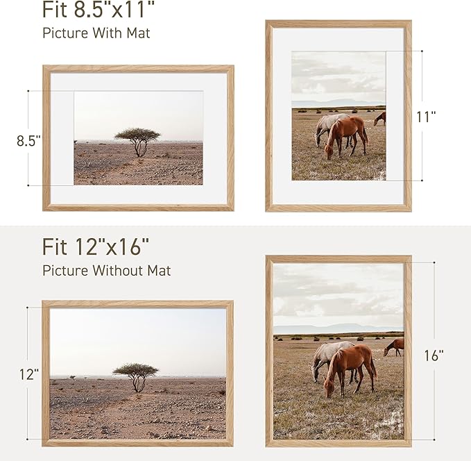 12x16 Picture Frame Natural Solid Oak Photo Frames with 8.5x11 Removable Mat Wall Hanging Large Handcrafted Frame with HD Plexiglass Wall and Tabletop Display Large Poster Frame