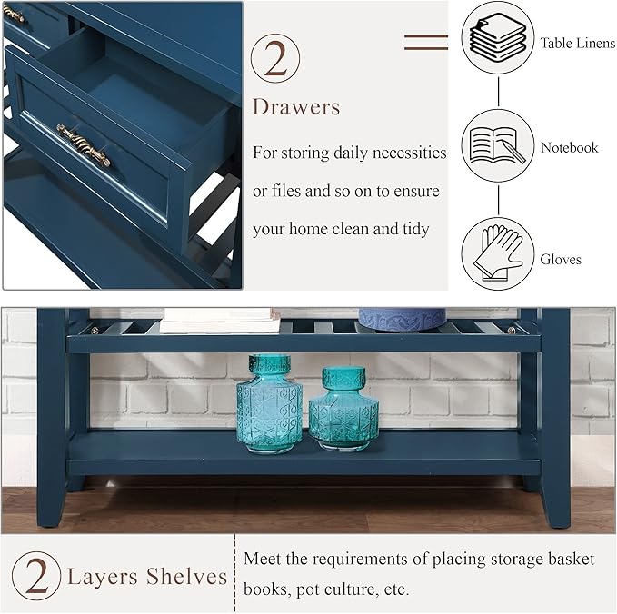 Solid Wood Console Table Entryway Table with Storage Drawers and Shelves Sofa Table for Entry Hallway Foyer(42" Navy Blue)