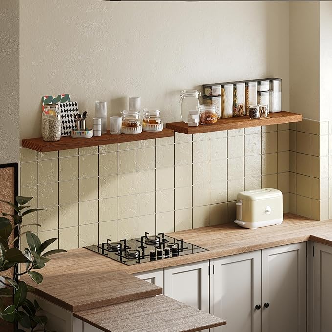 BAMEOS Floating Shelves, American Oak Wall Mounted Wooden Shelves with Invisible Brackets Set of 2, Hanging Wall Shelves Decoration for Bedroom, Bathroom, Living Room and Kitchen