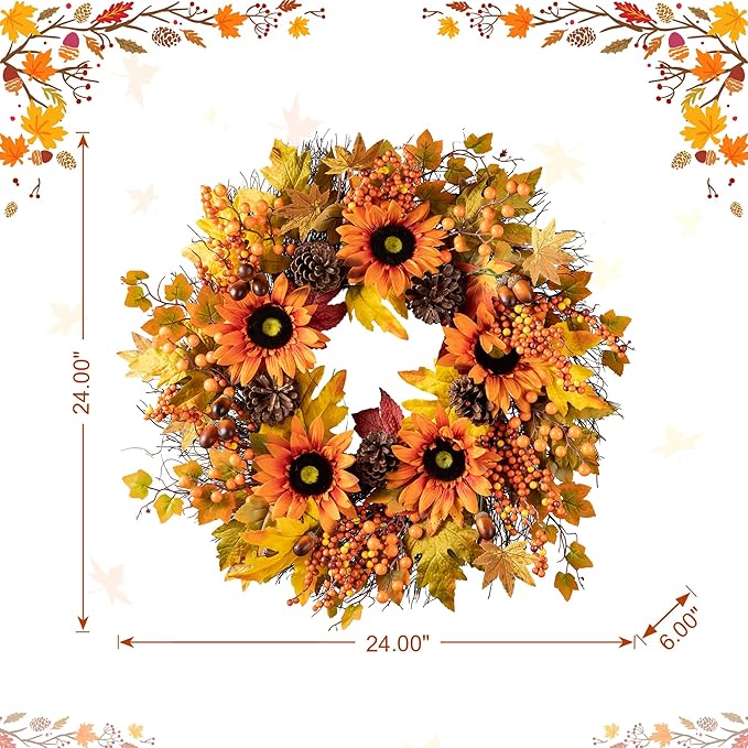 Glitzhome 24'' Fall Wreath for Front Door Decor, Artificial Autumn Orange Wreath with Sunflower, Maple Leaf and Berry Ornament for Wall Fireplace Farmhouse Thanksgiving Day Harvest Festival Decor
