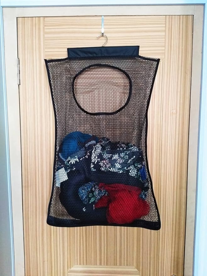 ALYER Breathable Mesh Laundry Hamper,Foldable Hanging Closet Storage Basket,Portable Space Saving Dirty Clothes Bag (Black)