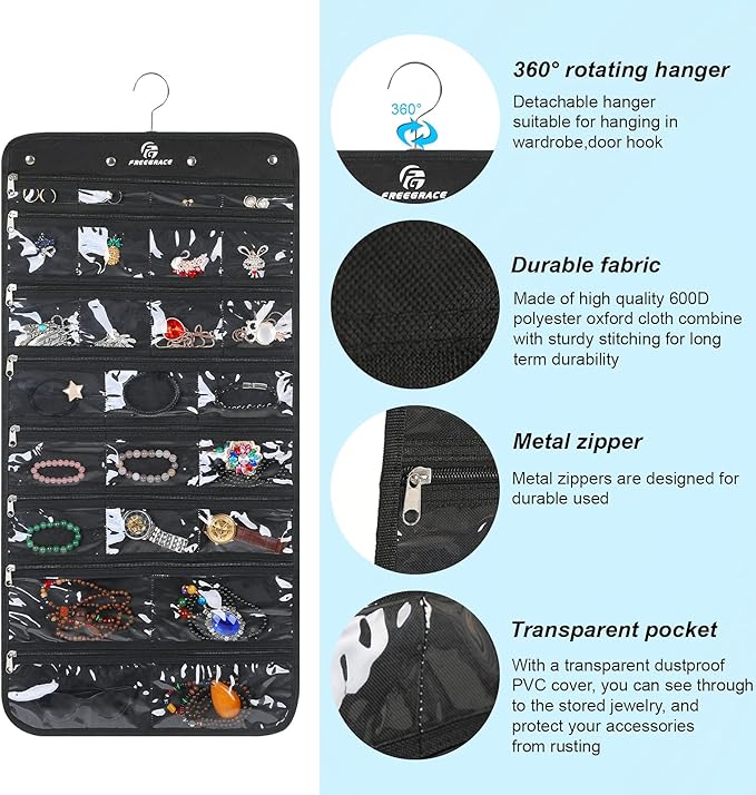 Freegrace Hanging Jewelry Organizer Revolving Hanger - Secure Zipper Closure - 25 Pockets,23 Hooks - Foldable Storage & Display Solution - for All Jewelry & Bijoux (Black)