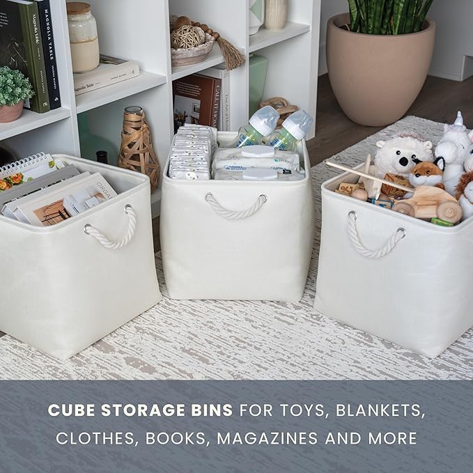 OrganiHaus 13x13 Cube Storage Bins 4 Pack, Foldable Cube Storage Organizer w/ Rope Handles, Collapsible Fabric Bins for Toys, Clothes & Closet Organization, Fabric Square Baskets - Off-White