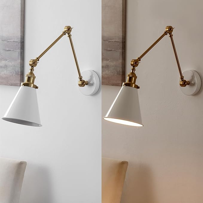 JONATHAN Y JYL7462B-SET2 Rover 7" Classic Industrial Metal Adjustable Arm LED Wall Sconce, White/Brass Gold (Set of 2) for Bedroom, Bathroom, Vanity
