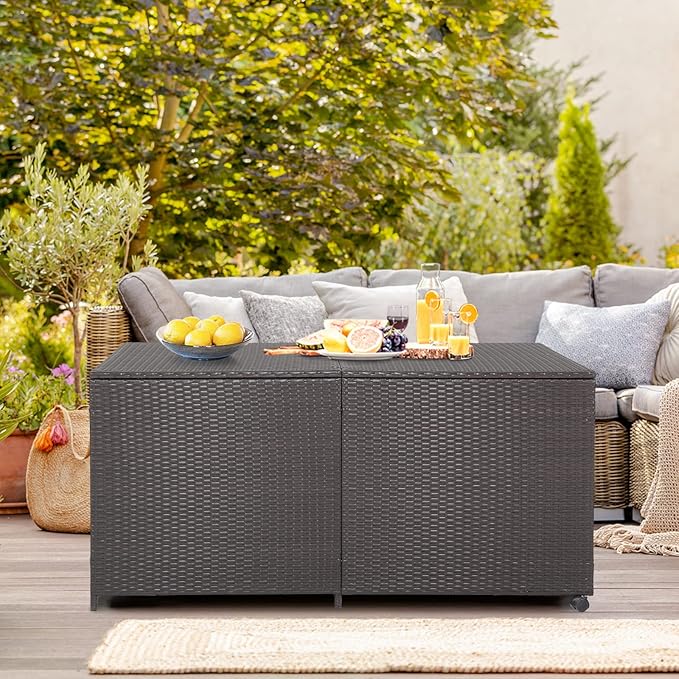 HAPPYGRILL 175 Gallon Outdoor Rattan Deck Box, Wicker Storage Bin with Zippered Liner & 2 Universal Wheels, Safe Pneumatic Rod, Patio Rattan Storage Container for Cushions Pillows