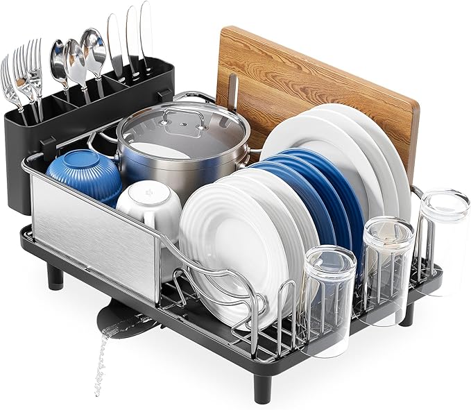 Stainless Steel Dish Drying Rack - Large Capcity 304 Grade Dish Drainer for Kitchen Counter with Drain Board, Utensil Holder & Detachable Cup Shelf, Rustproof Multifunctional Organizer